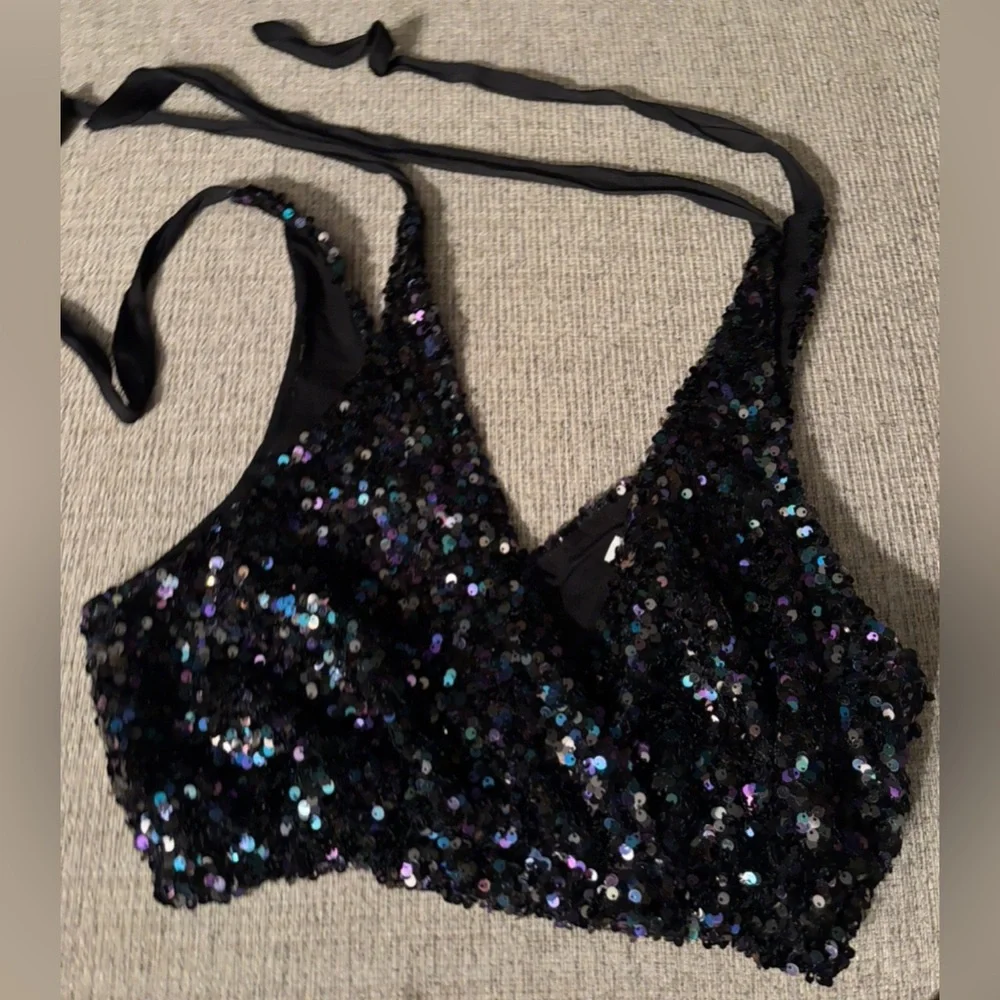 Free People Big Night petrol black iridescent sequin embellished crop top XS - Picture 3 of 5